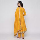 Women's Yellow Cotton Round Neck Mirror Embellished Flared Ethnic Set, पीला, small