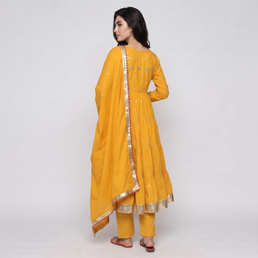 Women's Yellow Cotton Round Neck Mirror Embellished Flared Ethnic Set, पीला, large