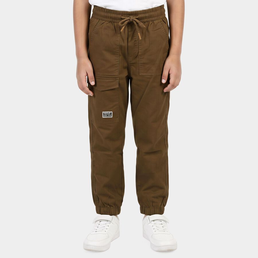 Boys' Olive Green Regular Fit Cargo Jogger Trousers, ओलिव, large