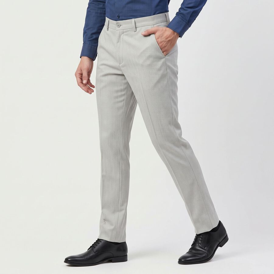 Men's Grey Slim Fit Flat-Front Formal Trousers, हल्का ग्रे, large