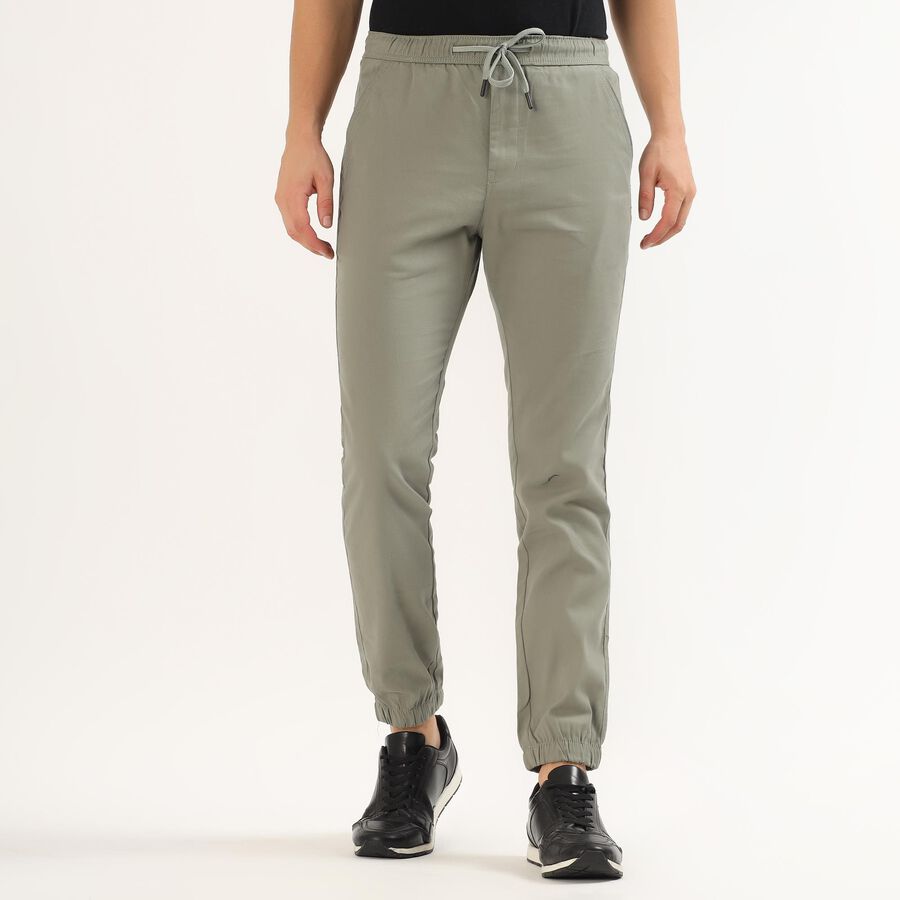 Men's Muted Sage Green Slim Fit Elastic Waist Casual Trousers, Light Green, large