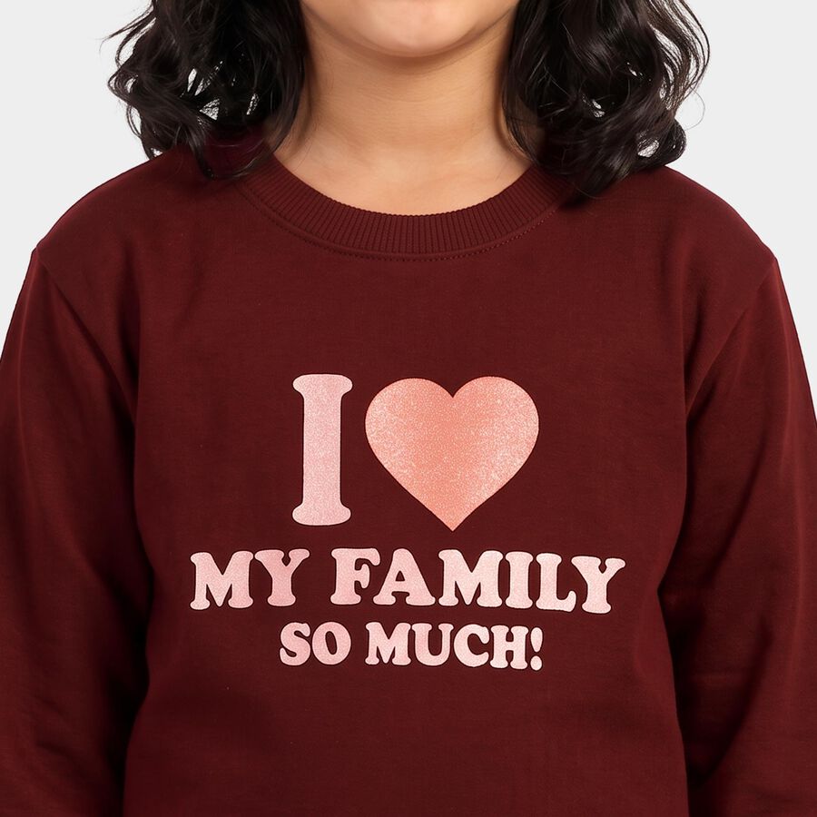 Girls' Maroon Crew Neck Graphic Print Sweatshirt, Wine, large