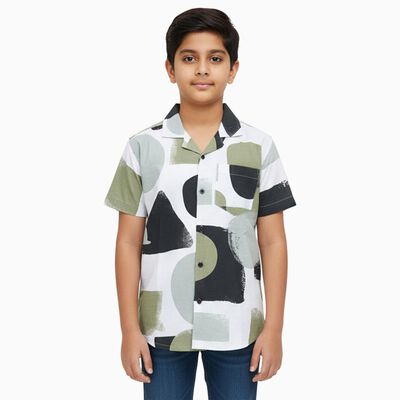 Boys Light Sage Green and White Cotton Half Sleeve Cuban Collar Casual Shirt