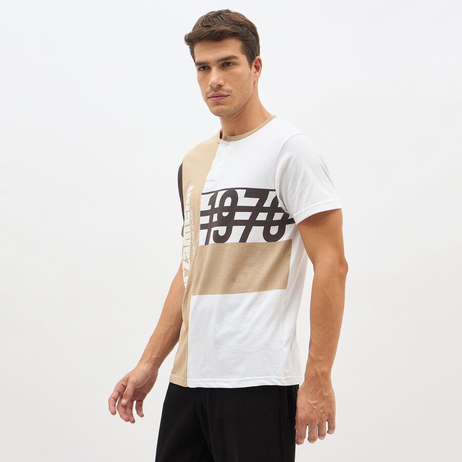 Men's Beige and White Henley Neck Printed T-Shirt, Brown, large image number null