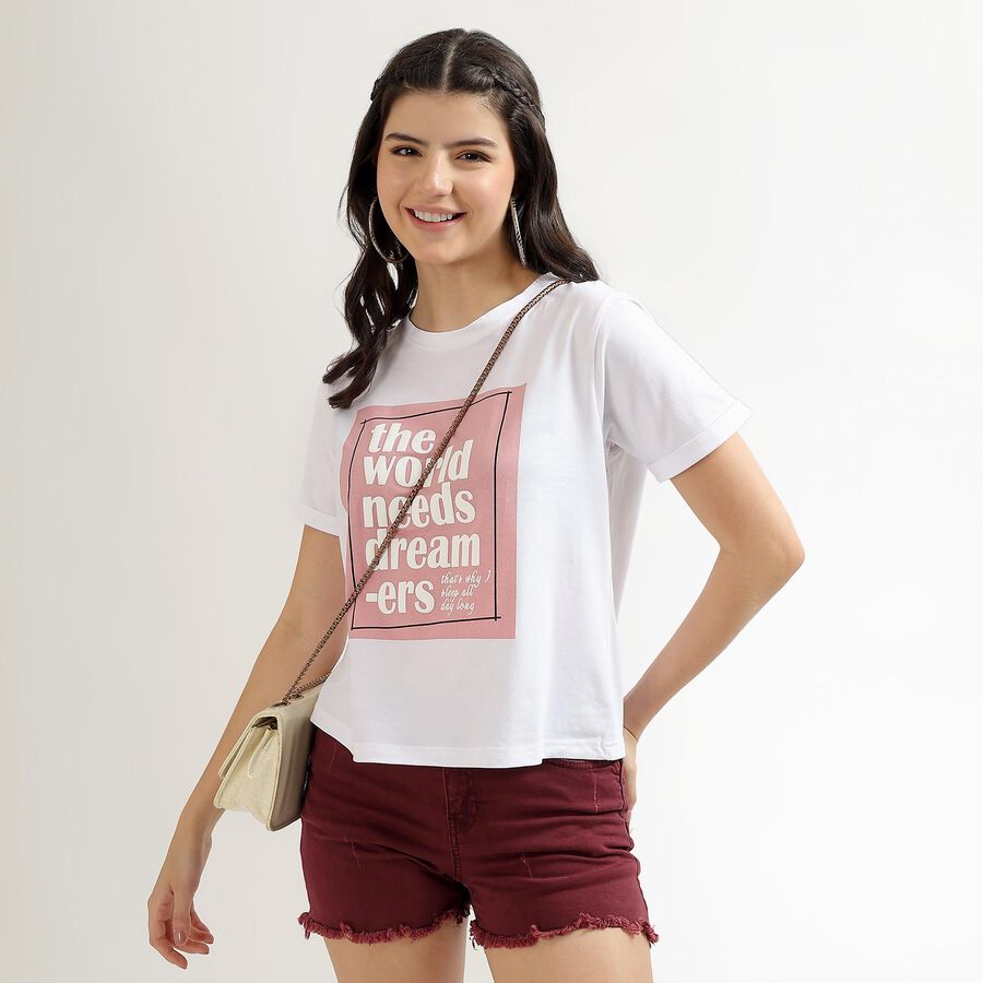 Women's Bright White Cotton Round Neck Printed T-Shirt, White, large image number null