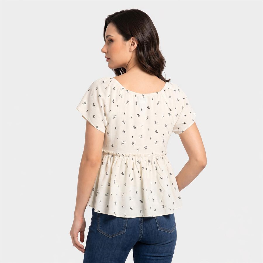 Women's Cream Geometric V Neck Regular Fit Shirt, ऑफ व्हाइट, large
