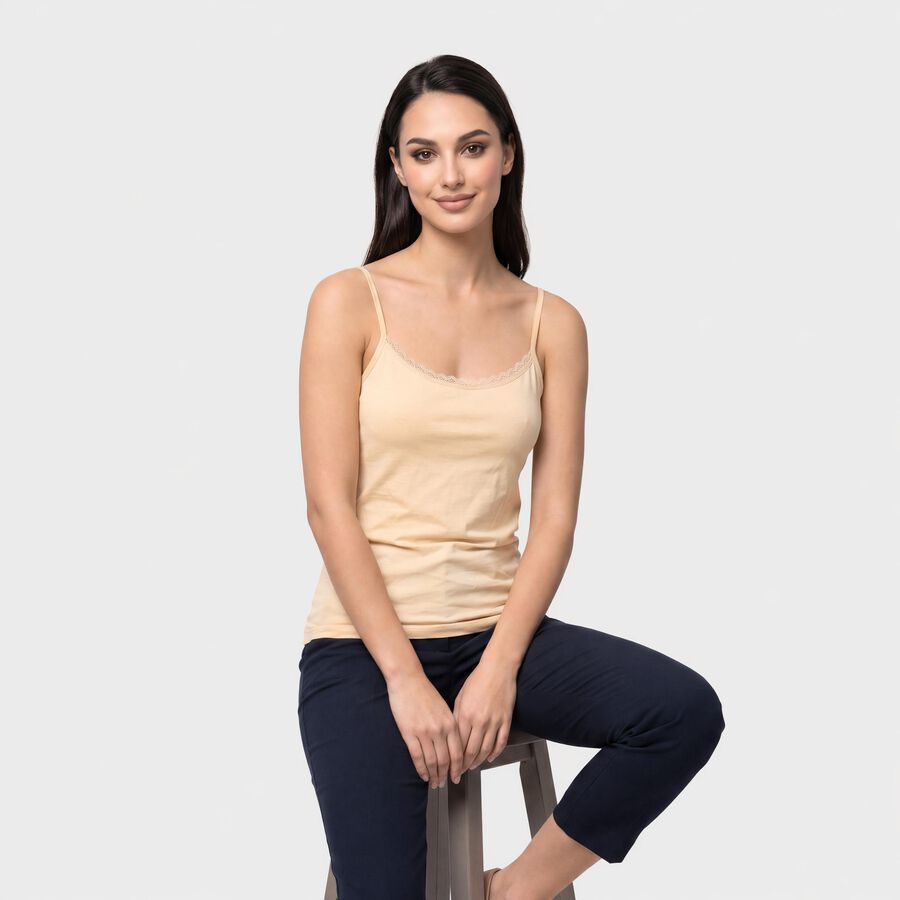 Women's Beige Cotton Blend Scoop Neck Camisole Slip, Beige, large