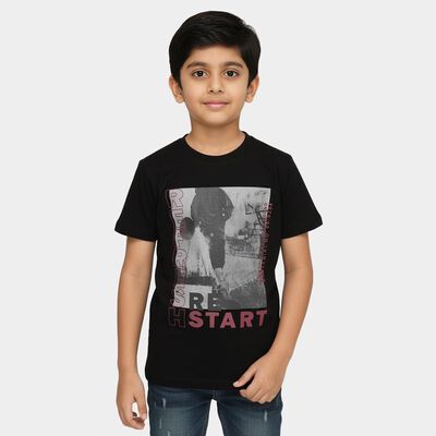 Boys Jet Black Crew Neck Graphic Printed T-Shirt
