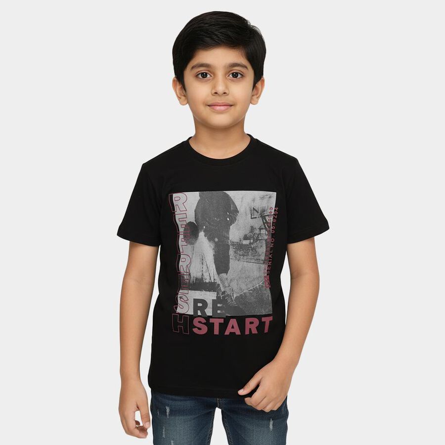 Boys Jet Black Crew Neck Graphic Printed T-Shirt, Black, large image number null