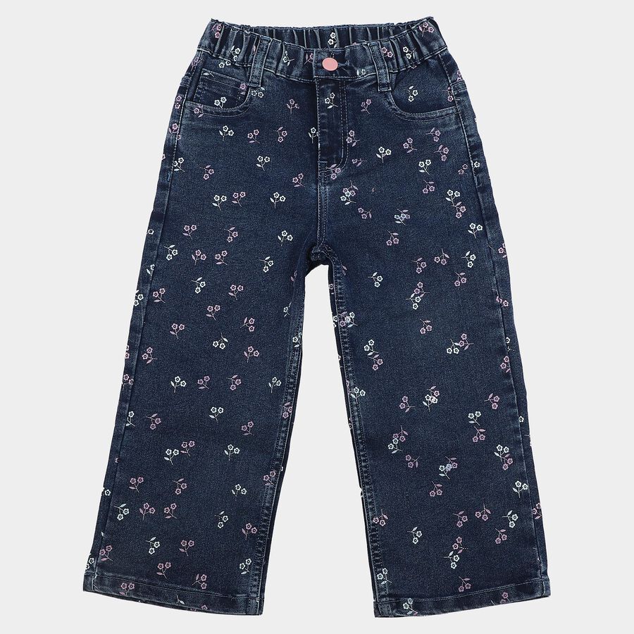 Girls' Navy Blue Straight Fit Printed Jeans, मध्यम नीला, large