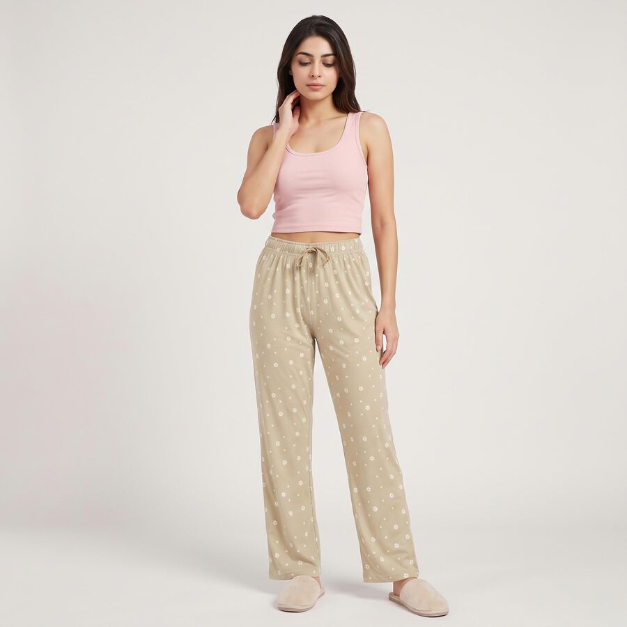 Women's Beige Relaxed Fit Floral Printed Lounge Pyjama, गहरा पीला, large