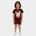 Girls Wine Round Neck Cat Graphic Printed Night Suit, वाइन, small