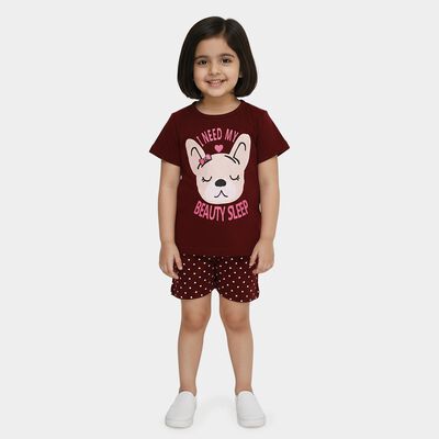 Girls Wine Round Neck Cat Graphic Printed Night Suit