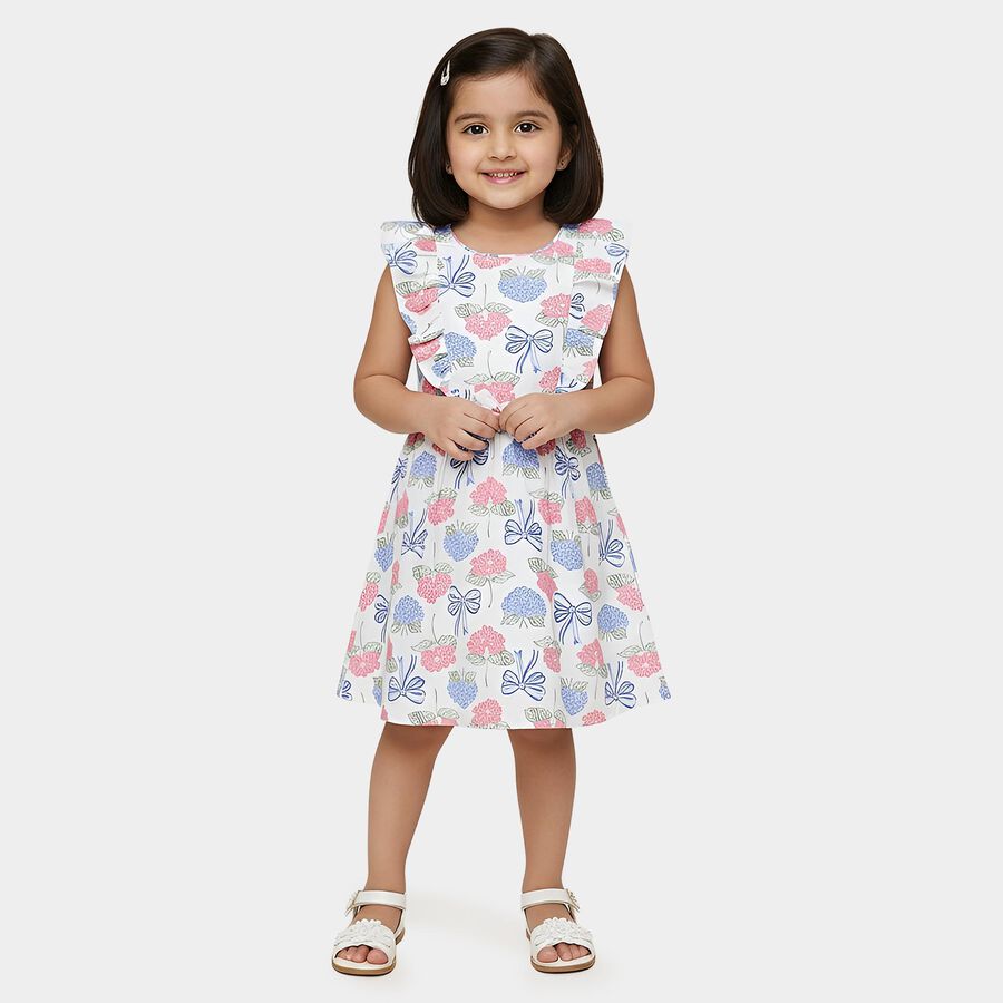 Girls' White Floral Printed Fit and Flare Frock, ऑफ व्हाइट, large