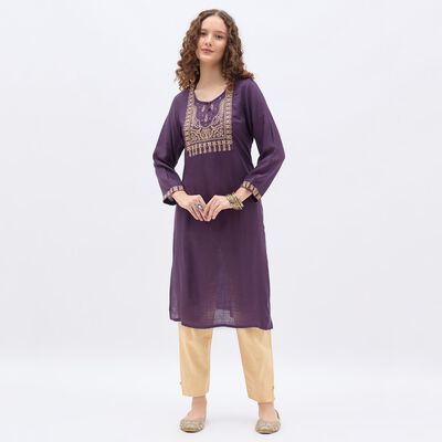 Women's Deep Plum Purple Round Neck Embroidered Kurta