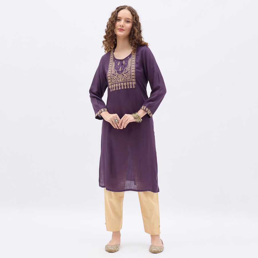 Women's Deep Plum Purple Round Neck Embroidered Kurta, वाइन, large image number null