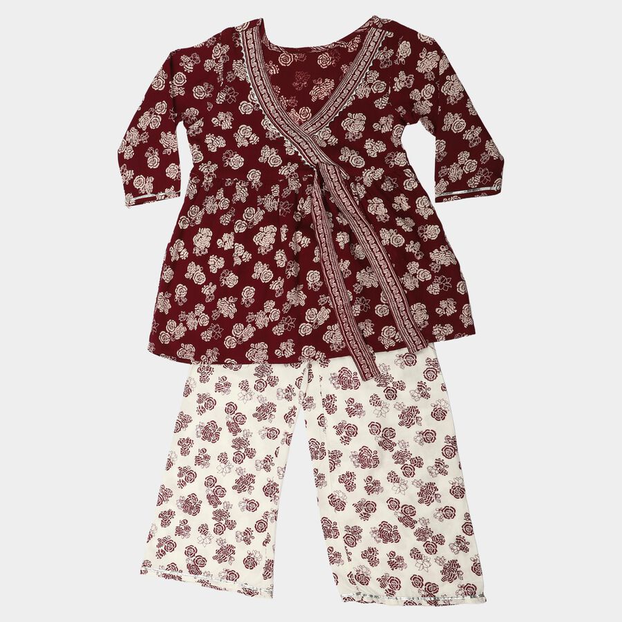 Girls Wine V Neck Fusion Set Upper and Bottom Set, वाइन, large