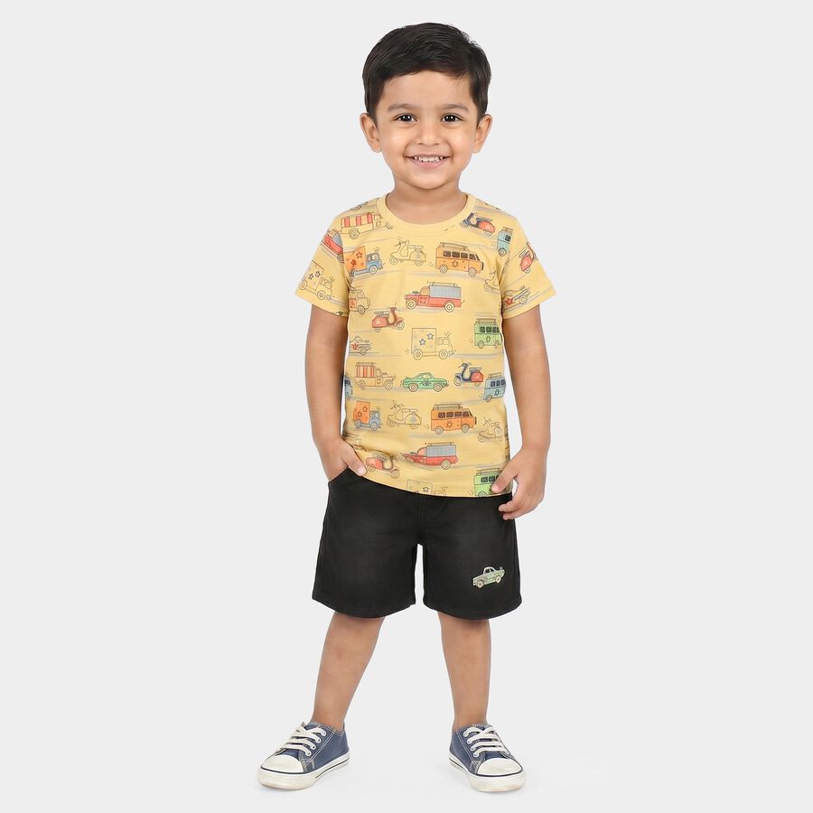 Boys Beige 100% Cotton Round Neck Graphic Print Baba Suit, Beige, large