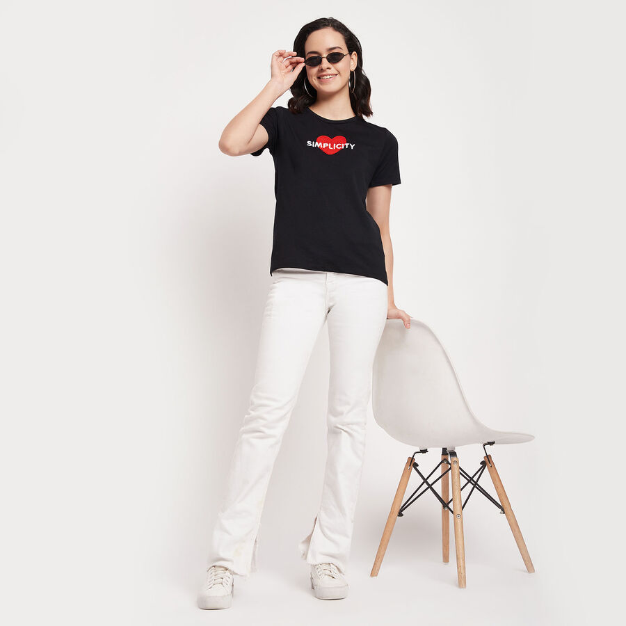 Embellished Round Neck T-Shirt, काला, large image number null