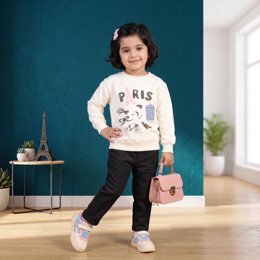 Girls' Off White Crew Neck Graphic Print Sweatshirt, ऑफ व्हाइट, large