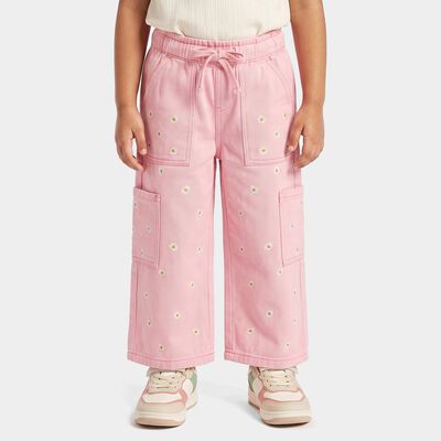 Girls Pink Cargo Fit Embroidered Jeans