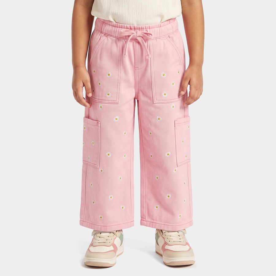 Girls Pink Cargo Fit Embroidered Jeans, हल्का गुलाबी, large