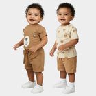 Infants' Beige 100% Cotton Round Neck Bear Print Baba Suit, Beige, small