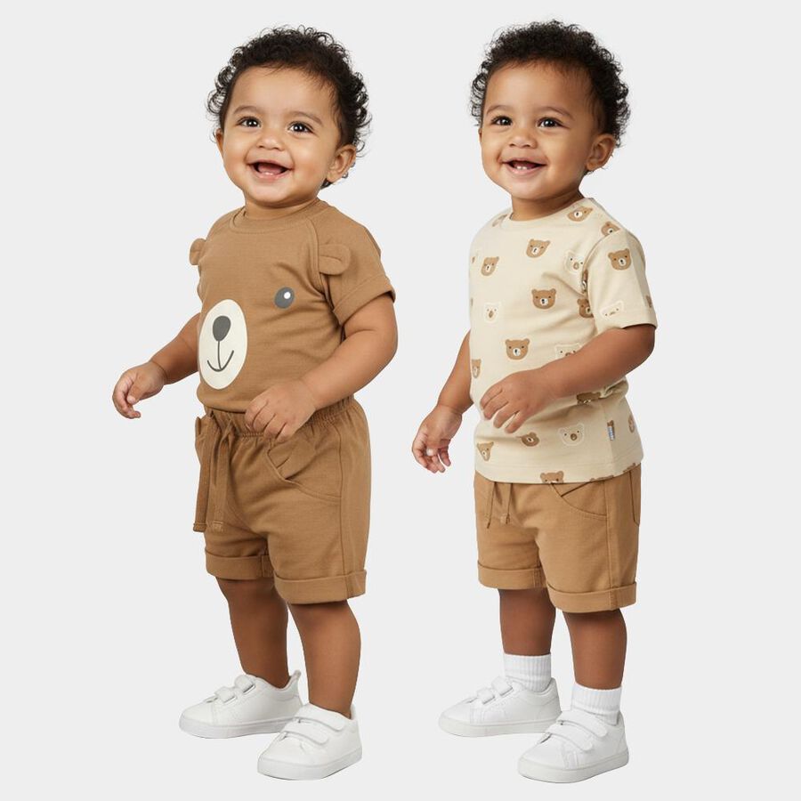 Infants' Beige 100% Cotton Round Neck Bear Print Baba Suit, Beige, large