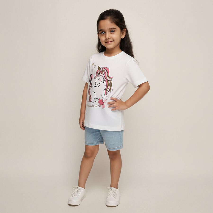 Girls Bright Snow White Cotton Round Neck Casual T-Shirt, White, large image number null