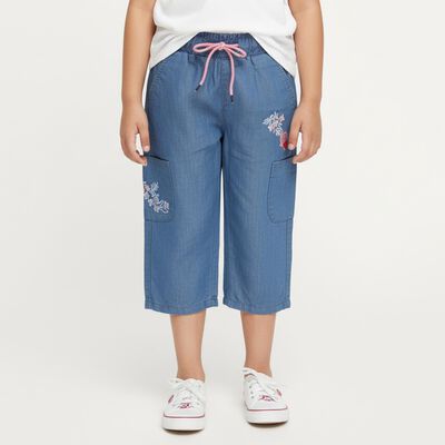 Girls' Stonewashed Blue Cropped Fit Embroidered Jeans