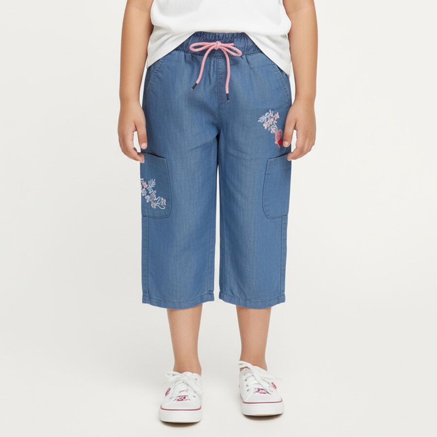 Girls' Stonewashed Blue Cropped Fit Embroidered Jeans, Light Blue, large image number null