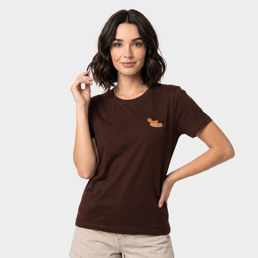 Women's Brown Round Neck Regular T-Shirt, Brown, large