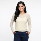 Women's Cream Round Neck Regular Top, ऑफ व्हाइट, small
