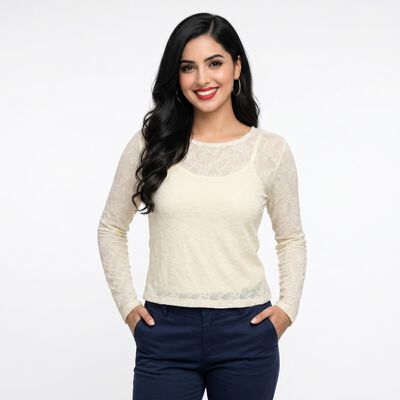 Women's Cream Round Neck Regular Top