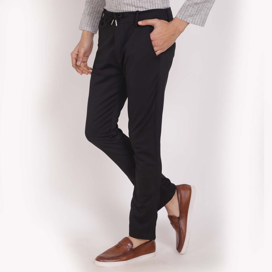 Solid Slim Fit Casual Trousers, Black, large image number null