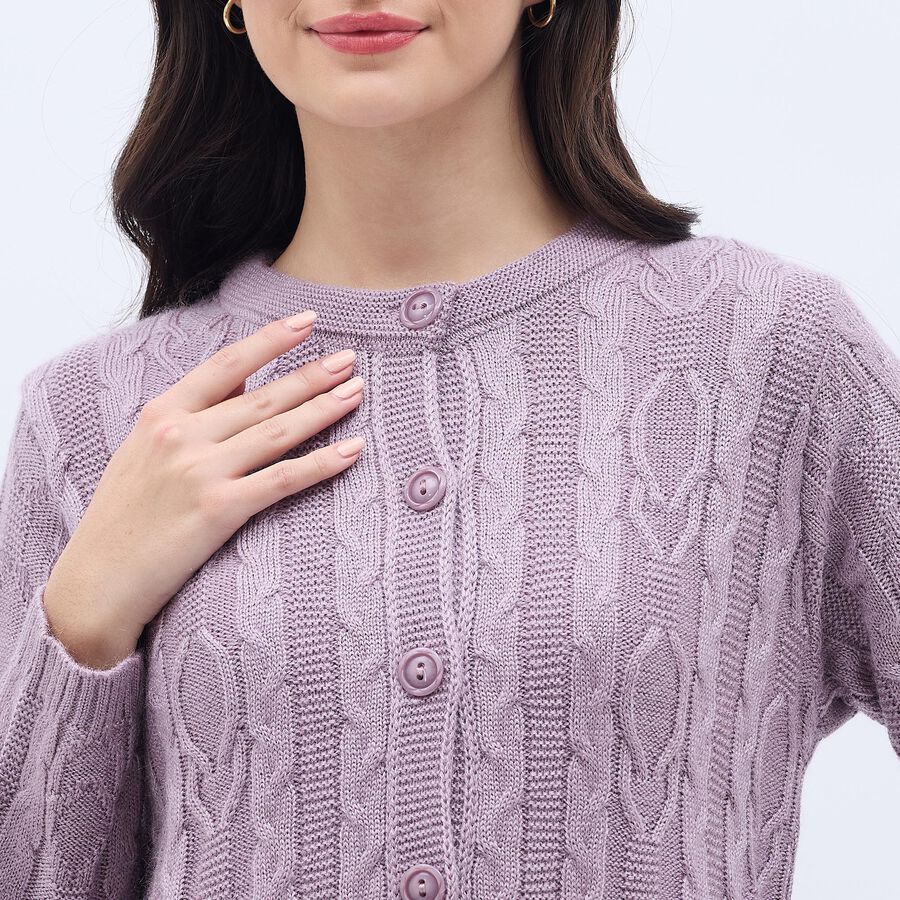Women's Lavender Round Neck Casual Cardigan, लाइलेक, large image number null