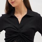 Women's Jet Black Cotton Collared Casual Crop Top, काला, small
