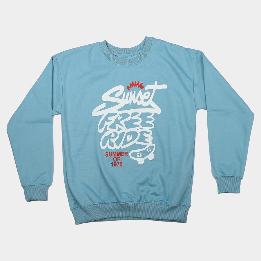 Boys' Light Blue Crew Neck Graphic Print Sweatshirt, हल्का नीला, large