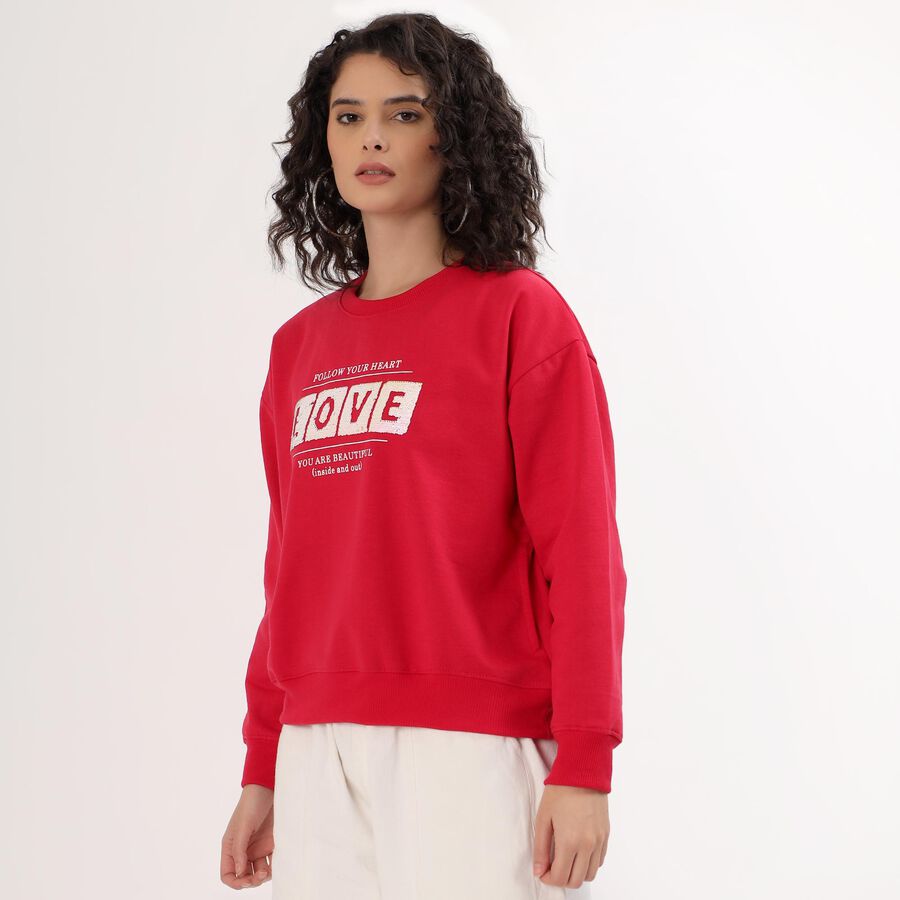 Women's Bright Cherry Red Crew Neck Casual Sweatshirt, रानी (फ्यूशिया), large image number null