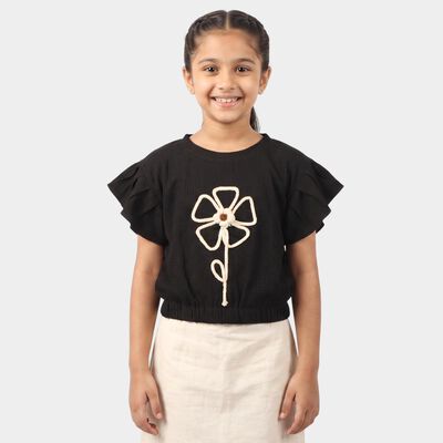 Girls Black Round Neck Regular T-Shirt