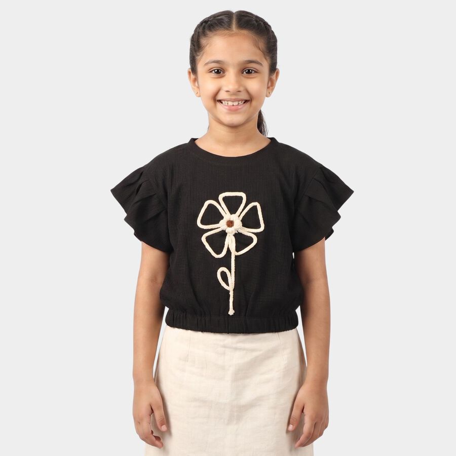 Girls Black Round Neck Regular T-Shirt, काला, large