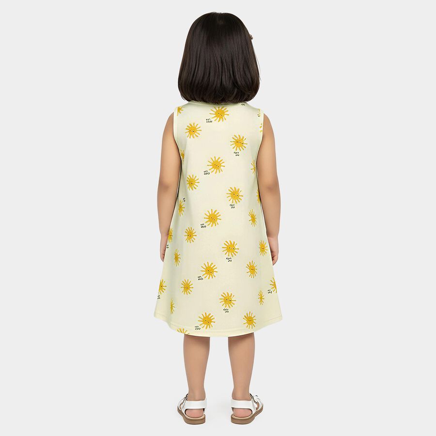 Girls' Yellow A-Line Sun Printed Sleeveless Frock, Yellow, large