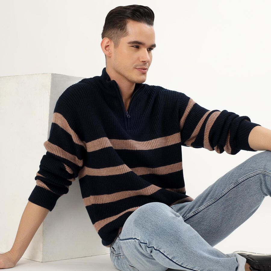 Men's Deep Midnight Navy Blue Half-Zip Casual Pullover, नेवी ब्लू, large image number null