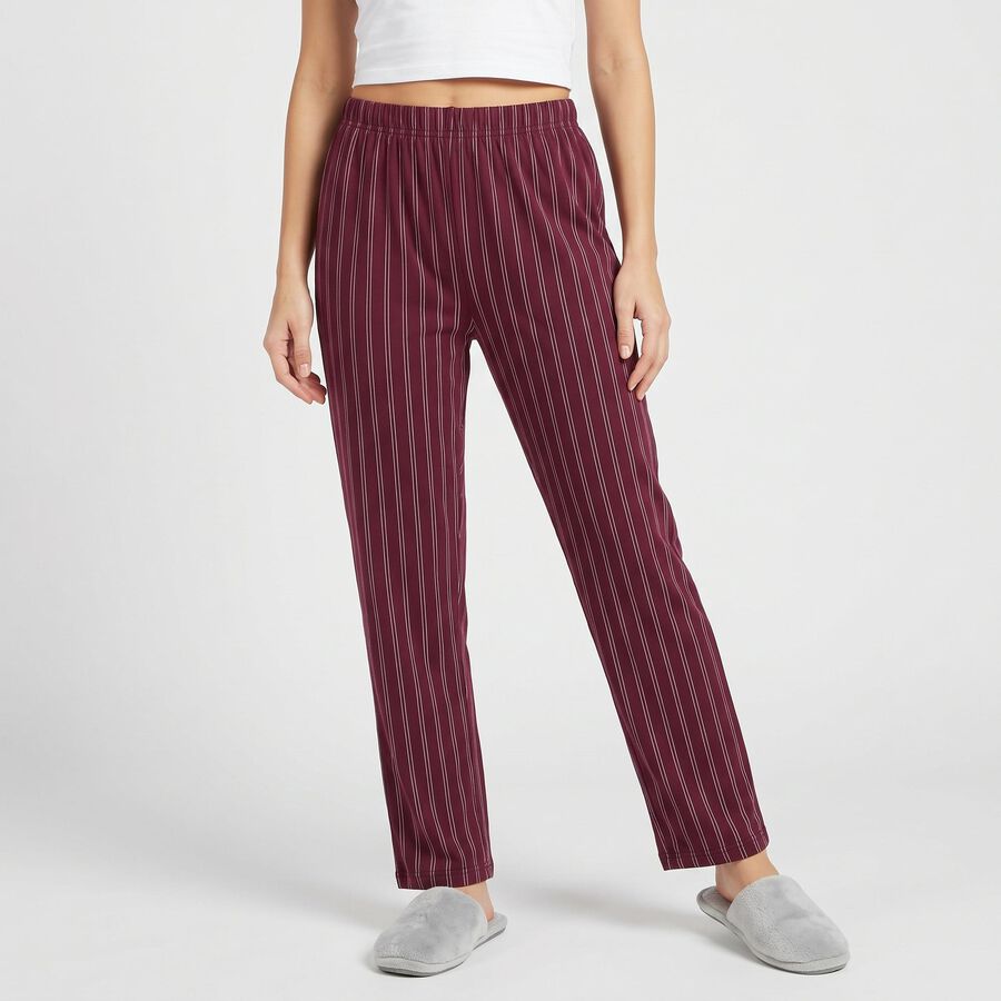 Women's Wine Straight Fit Striped Lounge Pyjama, Wine, large