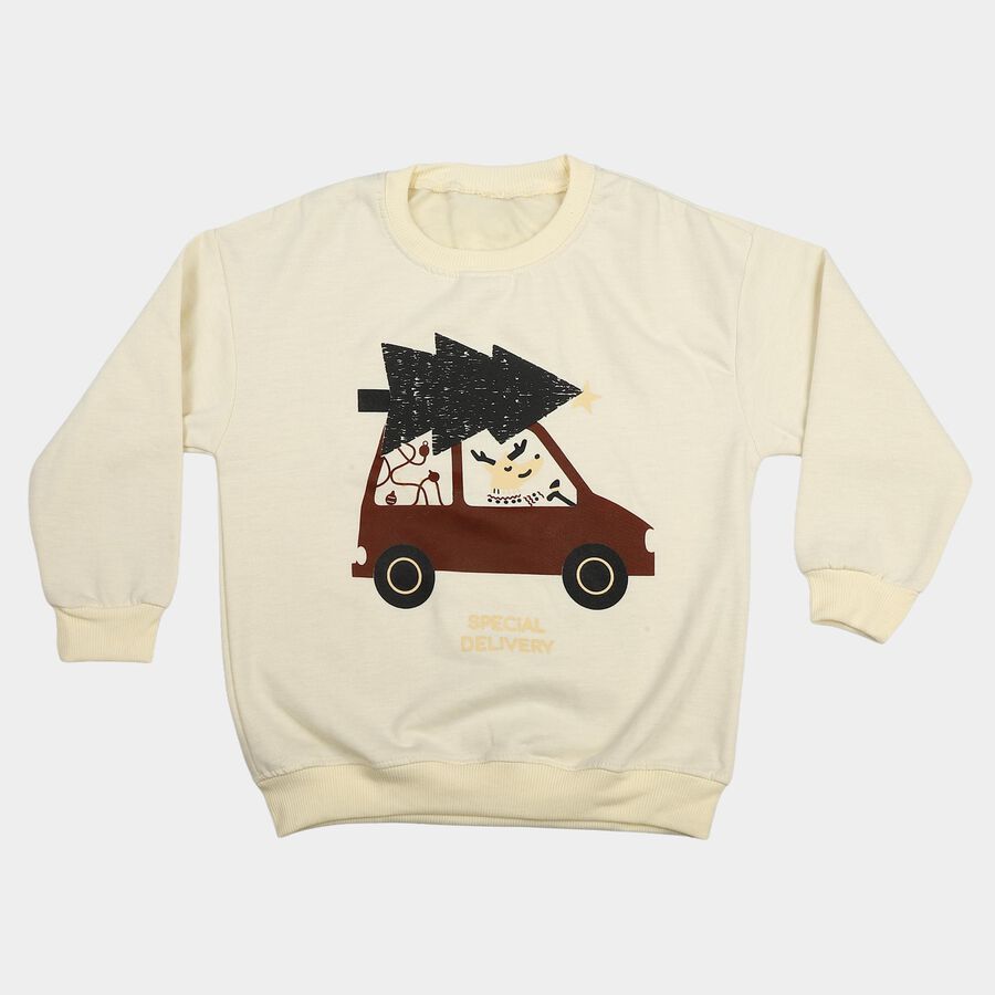 Boys Off White Round Neck Pullover Sweatshirt, ऑफ व्हाइट, large