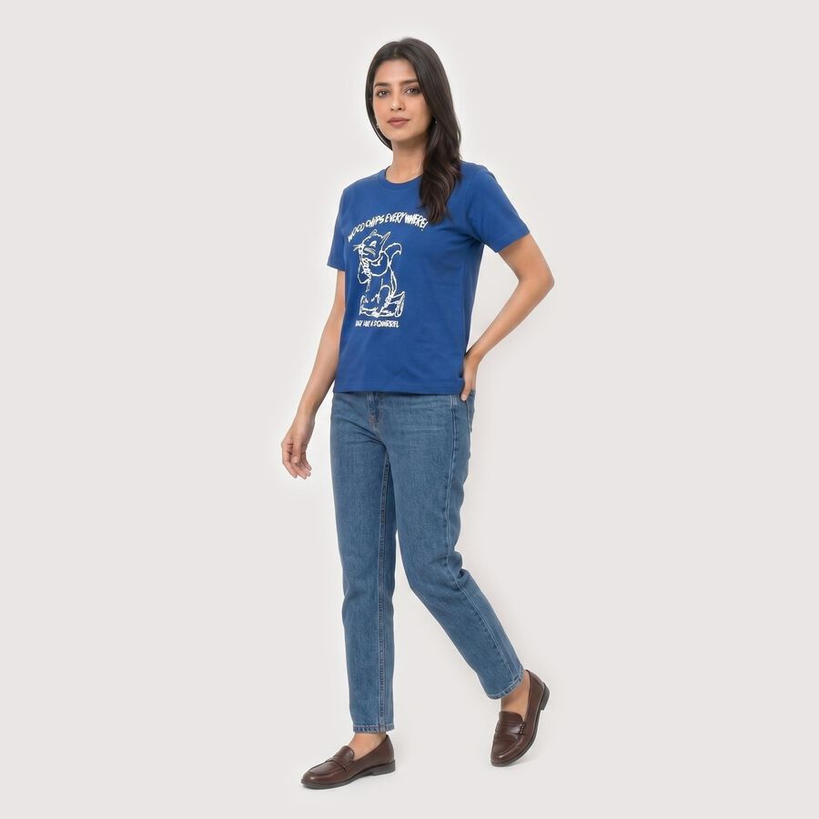 Women's Blue Round Neck Regular T-Shirt, Blue, large