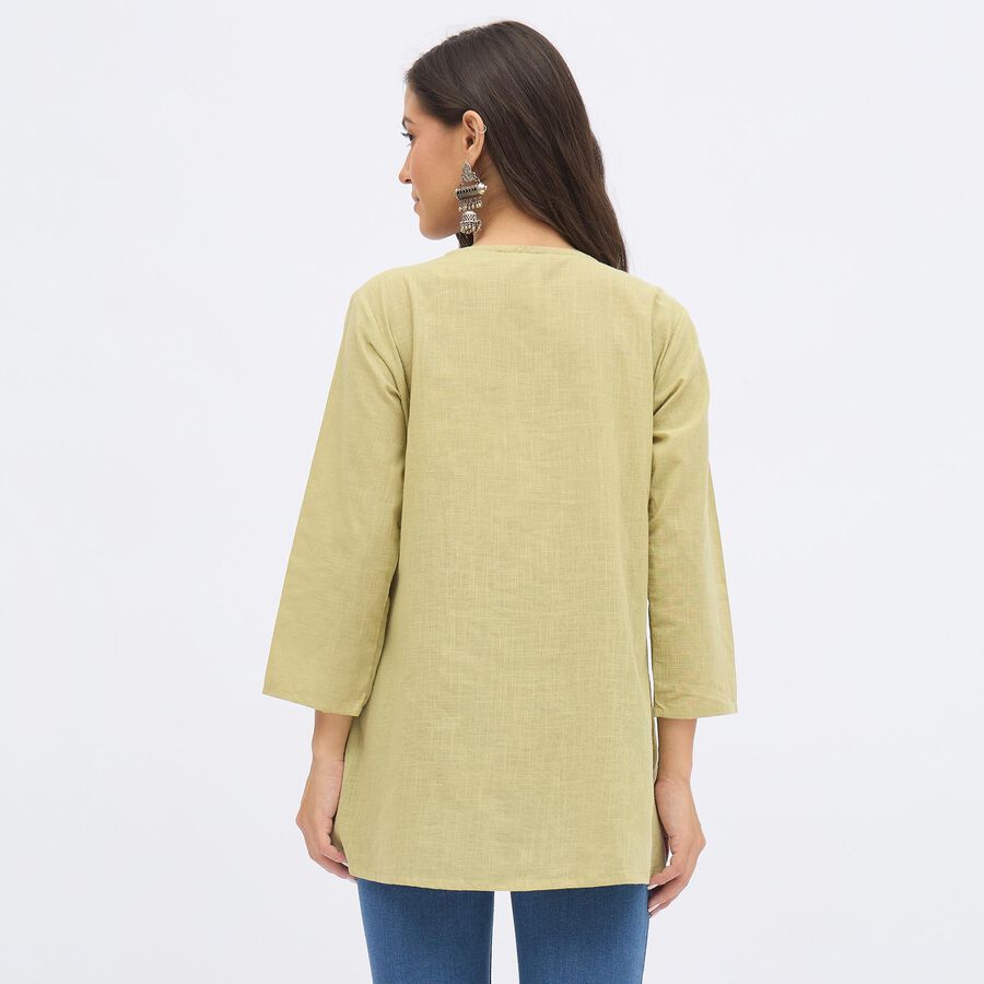 Women's Light Sage Green Cotton Round Neck Embroidered Kurti, हल्का हरा, large image number null