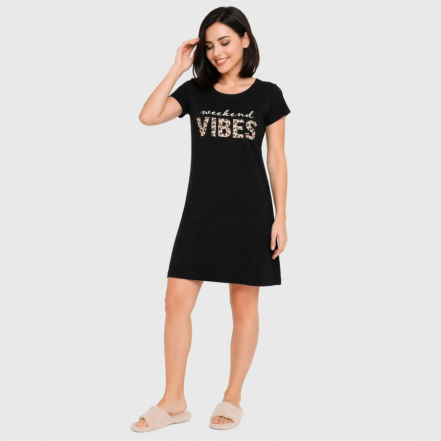 Women's Black Round Neck T-Shirt Style Nighty, काला, large