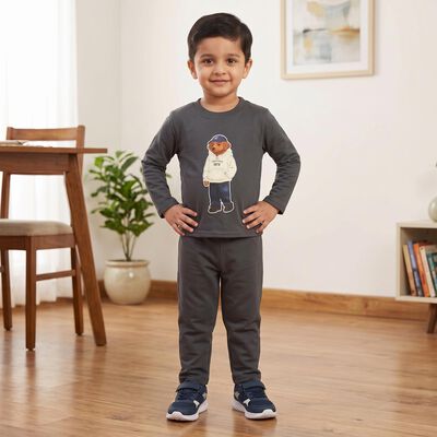 Boys' Charcoal Round Neck Graphic Baba Suit