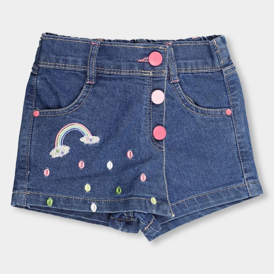 Girls' Dark Denim Blue Pull-Up Shorts, मध्यम नीला, large image number null